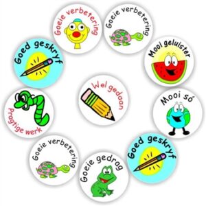140 Afrikaans Stickers- | Smiley, Watermelon, Pencil, Frog, : Goeie verbetering