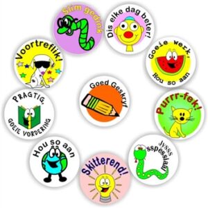 140 Afrikaans Stickers | Book, dog, smiley, lighbulb – Skitterend