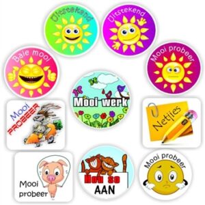 140 Afrikaans Stickers | Smiley Suns & Animals: Mooi probeer