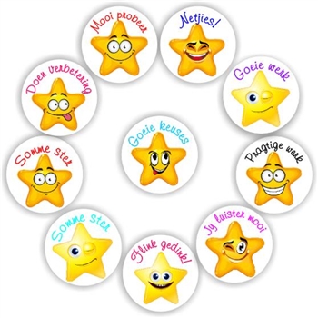 Afrikaans Teacher Stickers A0122 – Stars: Mooi probeer, Netjies, Goeie werk