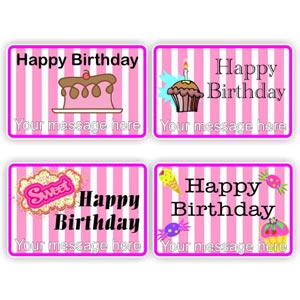 32 Happy Birthday stickers | Pink striped design, cakes & sweets