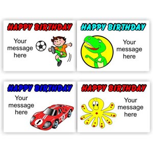 32 Happy Birthday stickers | Boys, soccer, friendly dinosaur, racing car & octopus