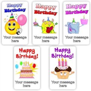 20 Happy Birthday stickers | Elephant, Monster, Smiley face & Cupcake.