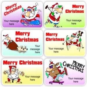 21 Christmas labels Personalised with your name | Santa skateboarding, snowboarding & playing golf