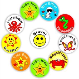 140 French stickers |Smiley: Tresbien, Bravo, Formidable – Congratulating excellent work