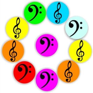 140 Music Stickers | Treble & Bass Clefs on Bright Colour Circles