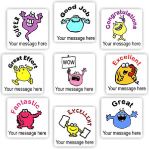Personalised Monster Stickers | Colourful Cartoon Monsters : Super, Good Job, Fantastic