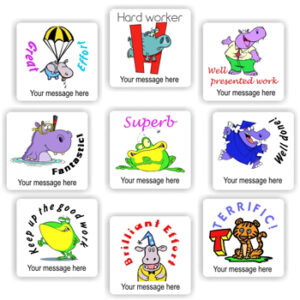 Personalised Hippo Stickers | Hippos, Frogs & Tiger : Hard Worker, Superb, Terrific!