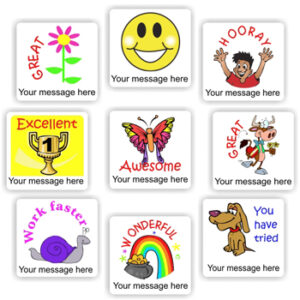 Personalised Stickers | Flower, Smiley, Trophy, Snail & Rainbow : Great, Hooray, Wonderful
