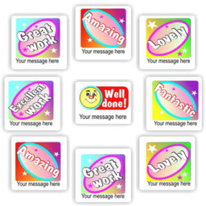 90 Personalised Stickers | Rainbow Badges & Smiley : Great work, Amazing, Well done!