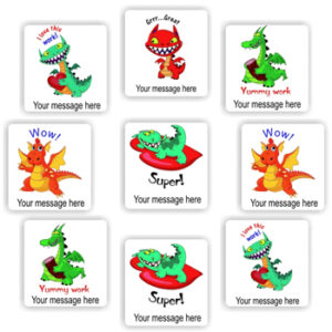 110 Personalised Stickers | Cartoon Dragons : Grrr…Great! Super! Wow!