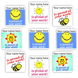 140 Personalised Stickers | Smileys, Sunshine & Bees : Your name here is proud of your work!