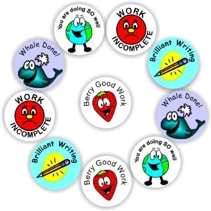 140 Teacher’s reward stickers-Motivational, Berry, Whale, Smiley & Work incomplete, sad face