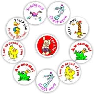 140 Teacher’s reward stickers-Great work -frog, bunny juming, flamingo, duck