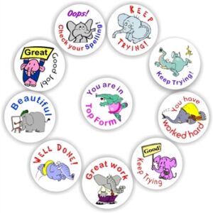 140 Teacher’s reward stickers-Elephant -Keep trying, oops, Good job