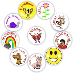 140 Teacher’s reward stickers-Rainbow, Snail, Trophy, Smiley-Positive messages