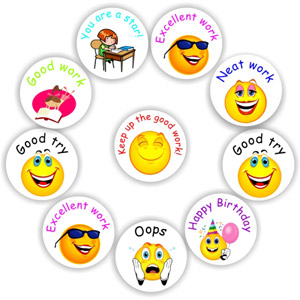 140 Teacher’s reward stickers Smiley & sad faces -Neat work, Excellent,Good try, oops