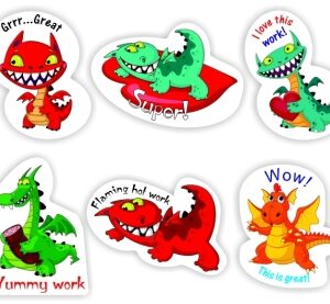 90 Teacher’s reward stickers-Dragons -flaming hot work