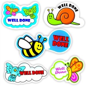 50 Teacher’s reward stickers, Shaped stickers, Bees, bugs & butterflies -Well done