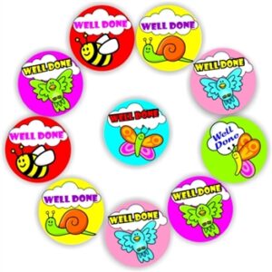 140 Teachers Reward Stickers – Bright & colourful birds, butterflies, bugs-Well Done