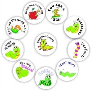 140 Teachers Reward Stickers – Caterpiller & worm, Keep up the good work, you are special.