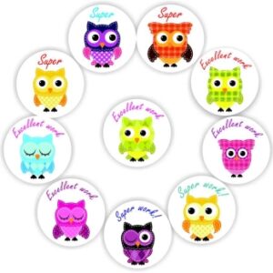 108 Teachers Reward Stickers Colourful Owls-Super, Excellent work