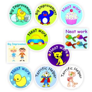 140 Teachers Reward Stickers -Cupcake, Cat, Super hero- Neat work, Terrific helper, Big improvement