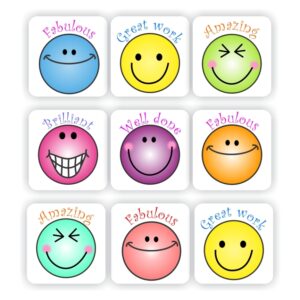 120 Teachers Reward Stickers – Colourful Smiley face-Fabulous, Amazing, Great work, Brilliant