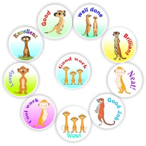 140 Teachers Reward Stickers- Meerkat: Well done, Terrific Good work, lovely