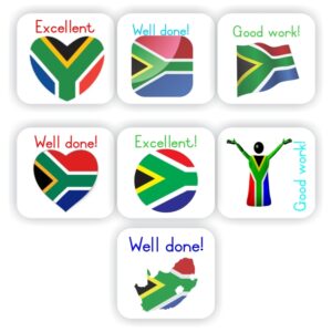 140 Teachers Reward Stickers – South African Flags: Excellent, Well done, Good work