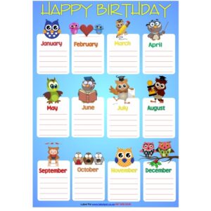 Poster Birthday Chart-Laminated & re-usable, Owl Theme