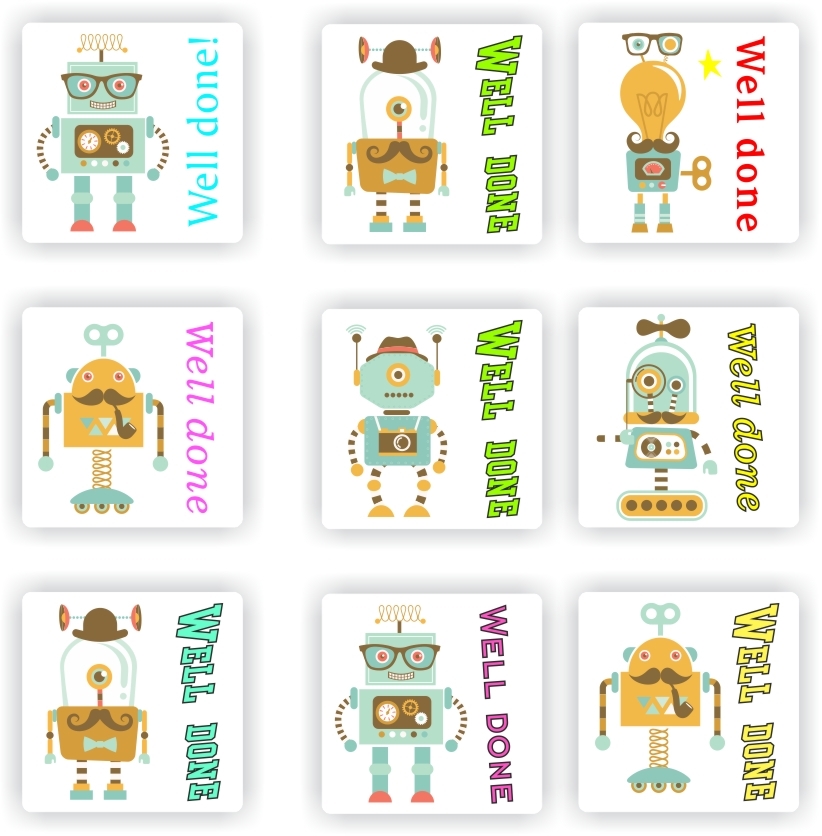 Teacher Reward Stickers S0246 – Robot Stickers, Well done! 130 per sheet