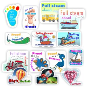 70 Teachers Reward Stickers – Put your best foot forward, Proud as a peacock, Full steam ahead,