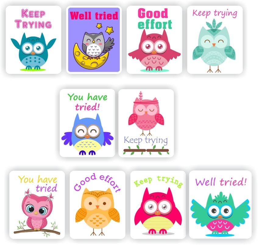 Teacher Reward Stickers S0300 – 120 x Cute Owl stickers on an A4 sheet.