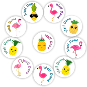 140 Teachers Reward Stickers -Pineapples & Flamingos-Well done
