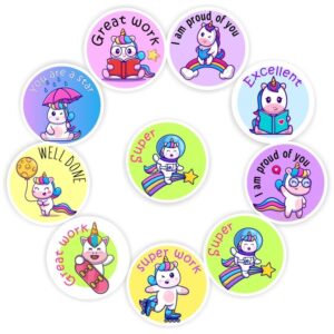 128 Teachers Reward Stickers -Unicorn skating, reading, Well done