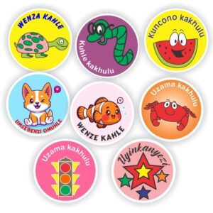 Zulu Stickers | Tortoise, Clownfish, Crab & Puppy : Wenza kahle, Uzama kakhulu