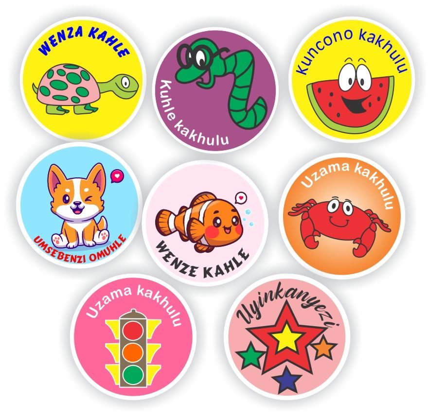 isiZulu Teacher Stickers Z0055 – 48 Zulu stickers, Size 32mm. Kuncono