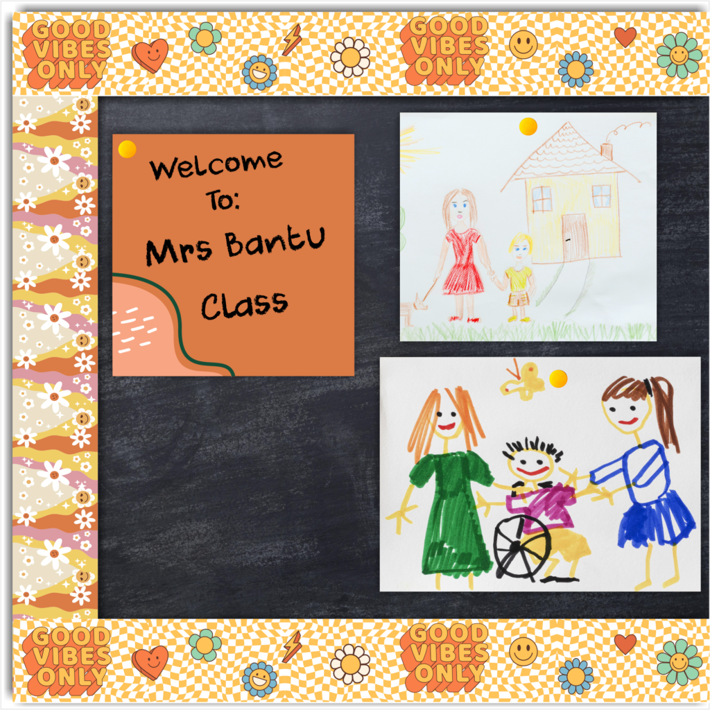 Classroom Borders  | Groovy, Good Vibes only, Smiley, Daisy, mustard yellow  | size 60 mm high x 650mm strips. Sold in sets of 16. Set is 10,4 metres long. Printed onto a durable, waterproof material. Product wont distort or absorb moisture. (Copy)