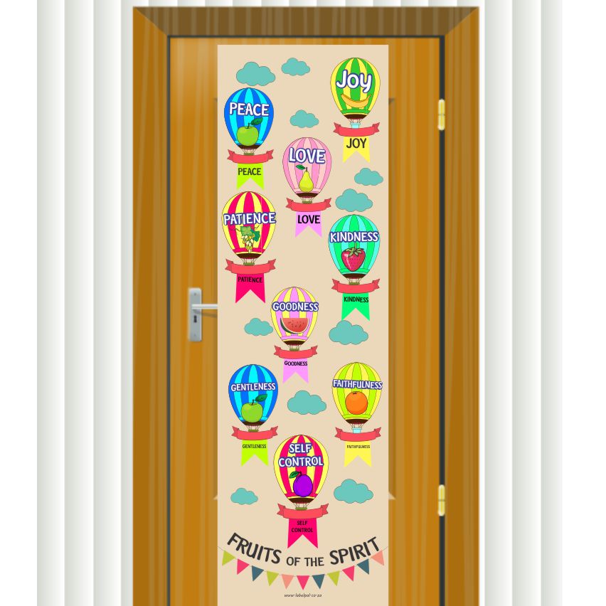 PVC Door Banner | Hot Air Balloons-Fruit of the Spirit . Dimensions 1900mm high x 600 mm wide.  With 6 eyelets for easy installation. Fruits of the Spirit</p>