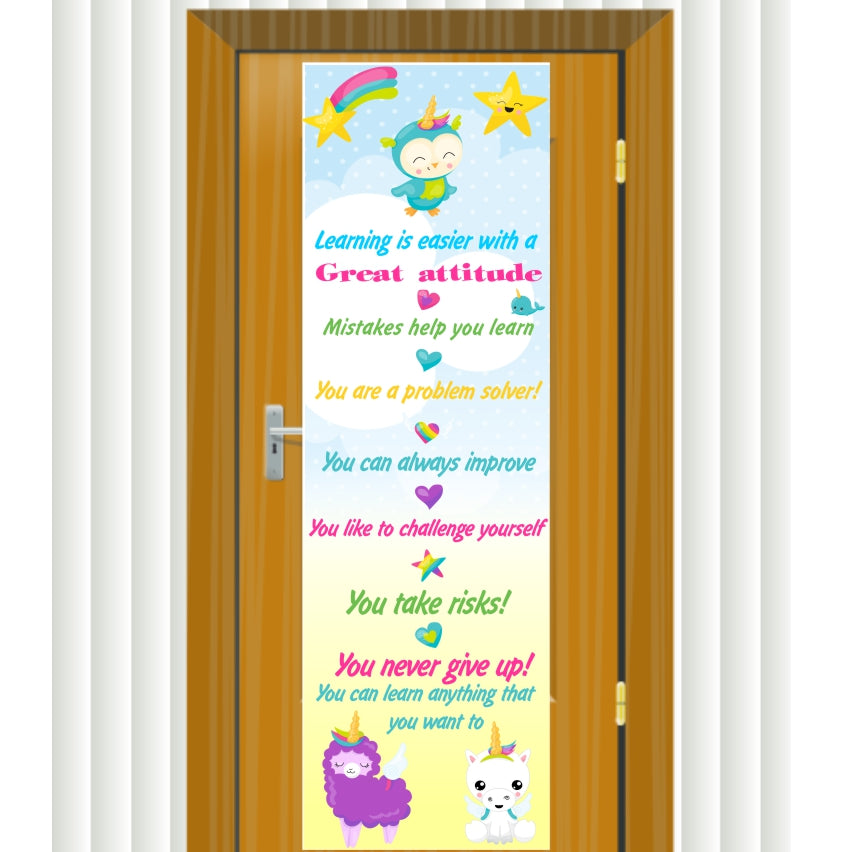 PVC Door Banner | Llamas & Unicorn : Learning is easier with a great attitude !