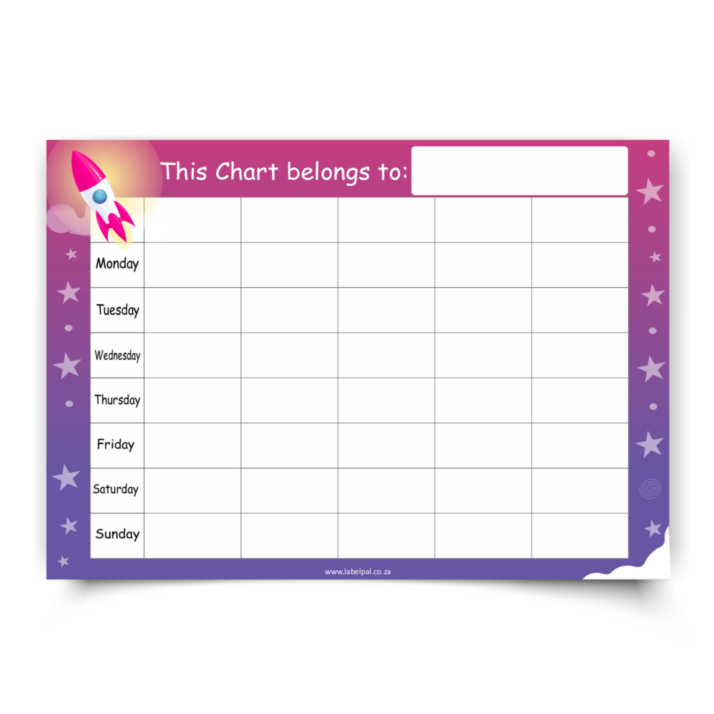 Poster | Star Chart Laminated. Pink & Purple. Rocket & Stars. Monday-Friday. 5 columns across. Available in A4, A3, A4. Printed onto a durable plastic like material.
