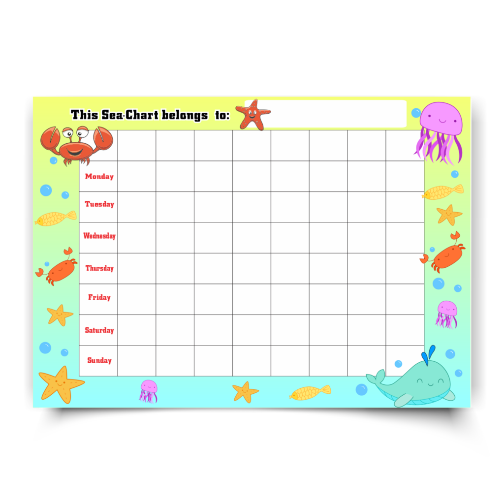 Poster |  Star Chart Laminated. Yellow, Under the sea. Whales, Crabs, Fish. Monday-Friday. 5 columns across. Available in A4, A3, A4. Printed onto a durable plastic like material.