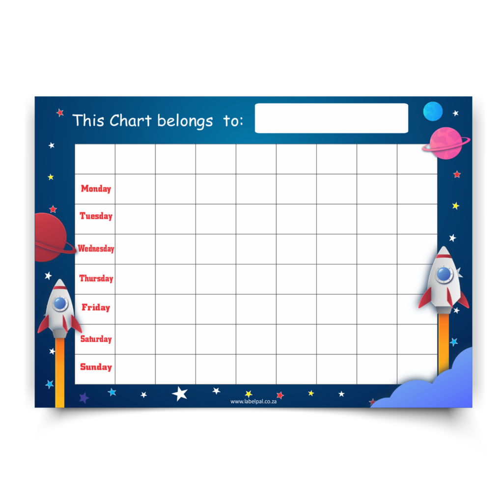Poster |  Star Chart Laminated. Blue, Rocket and stars. Monday-Friday. 5 columns across. Available in A4, A3, A4. Printed onto a durable plastic like material.