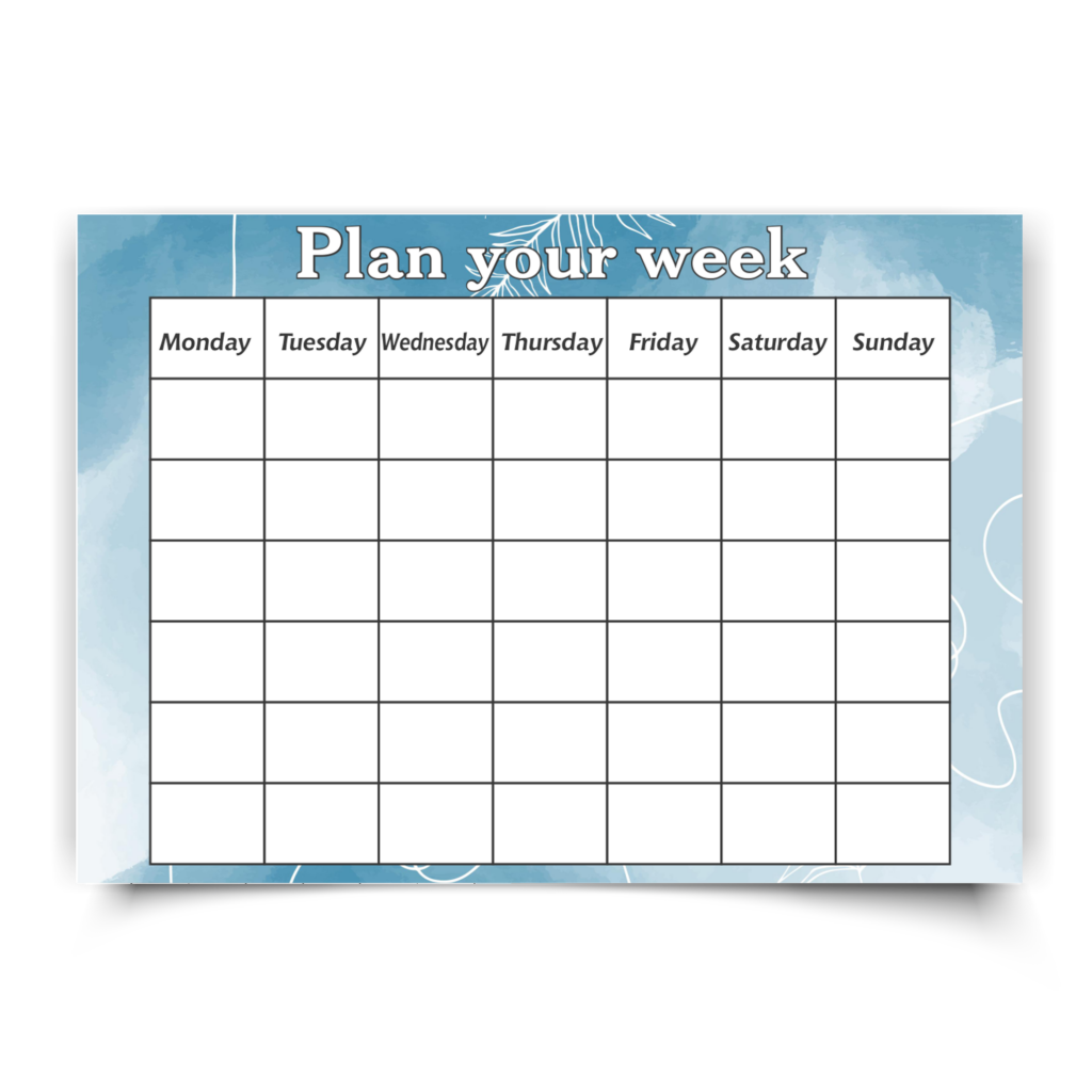 Poster |  Weekly Planner Laminated. Monday-Sunday with 6 rows down. Pastel blue. Available in A4, A3, A4. Printed onto a durable plastic like material.