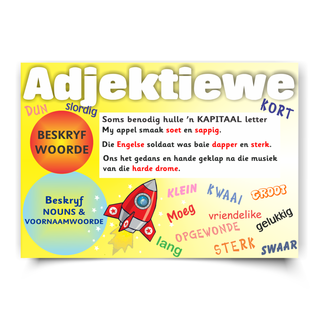 Poster |  Afrikaans, Adjektiewe. Parts of Speech |Rocket. Beskryf woorde, klein, moeg, gelukkig. Slordig.  Available in A4, A3, A4. Printed onto a durable plastic like material.