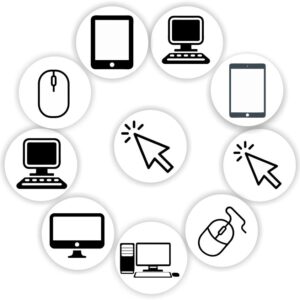 Mini Computer Icon Stickers | Tablets, Desktops, Mouse, Click Arrows