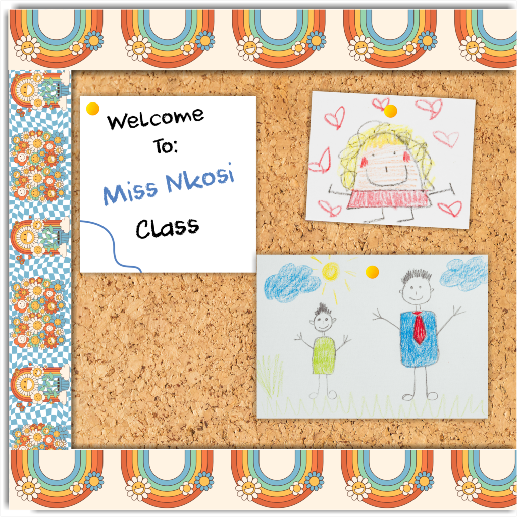 Classroom Borders  | Groovey Rainbows, Daisies, Checkered background. size 60 mm high x 650mm strips. Sold in sets of 16. Set is 10,4 metres long. Printed onto a durable, waterproof material. Product wont distort or absorb moisture. (Copy) (Copy)