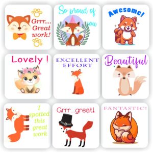 140 Teachers Reward Stickers – Foxes, Grrr..Great work, Proud of you, Awesome, Lovely!