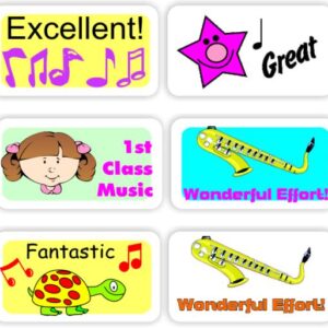 65 Music Reward Stickers | Vibrant Colours, Musical Notes & instruments, Wonderful effort